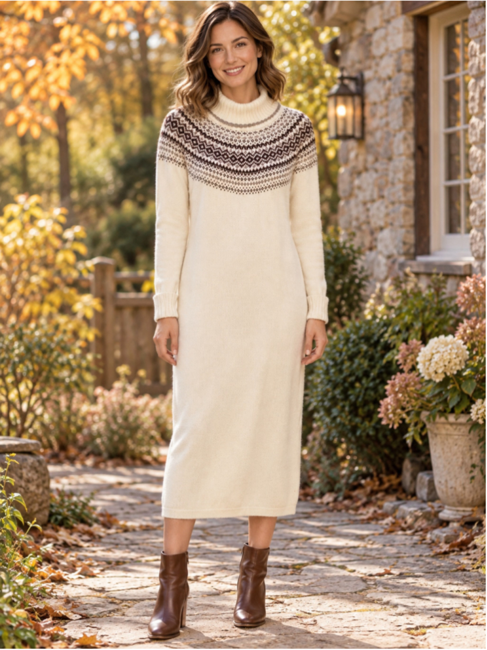 Women's Hope & Henry Fair Isle Midi Sweater Dress, Size 8, Beige/Brown